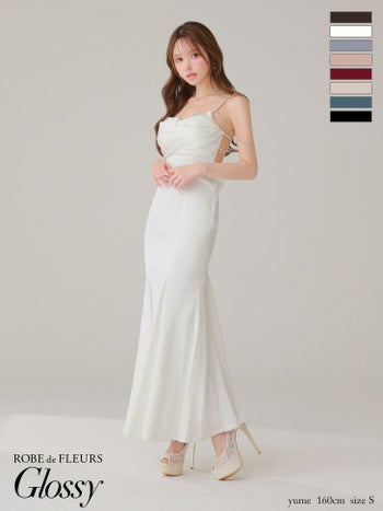 キャバドレス Glossy by ROBE de FLEURS グロッシー ビジューチェーン セクシー オープンバスト キャミソール サテン マーメイドロングドレス