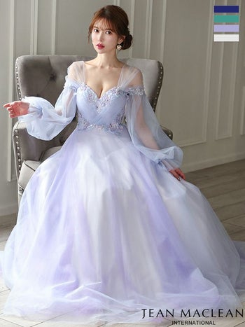 キャバドレス JEANMACLEAN ジャンマクレーン シアー パフスリーブ ワンカラー バックレースアップ バースデー 長袖 Aラインロングドレス