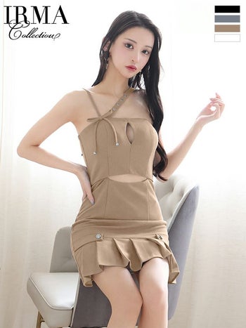 キャバドレス IRMA イルマ ベルト リボン カットアウト フリル ワンショルダー キャミソール タイトミニドレス