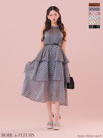キャバドレス ROBEdeFLEURS ローブドフルール ドット柄 オーガンジー ティアード ガーリー ノースリーブ ベルト付き Aラインロングドレス