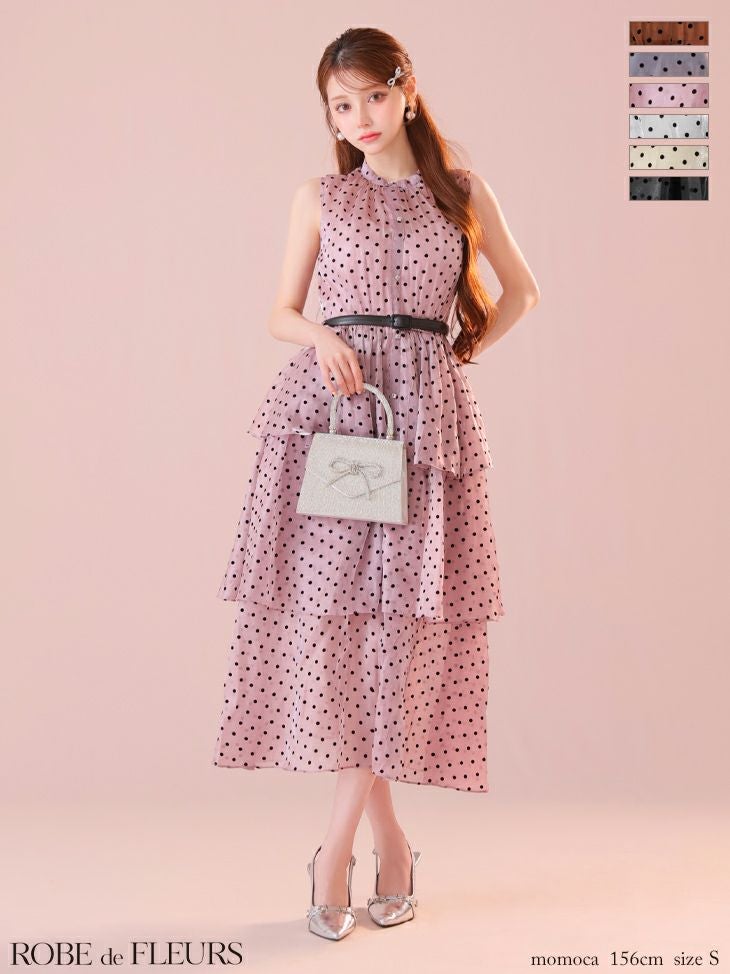 キャバドレス ROBEdeFLEURS ローブドフルール オーガンジー ティアード ガーリー ノースリーブ ベルト付き ドット柄 Aラインロングドレス