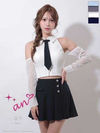 キャバドレス an ネクタイ付き 肩あき セットアップ シアースリーブ ジップデザイン プリーツ ボタン フレアミニドレス