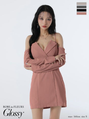 キャバドレス Glossy ROBE de FLEURS グロッシー ローブドフルール テーラード風 肩あき 長袖 ２way セクシー タイトミニドレス 