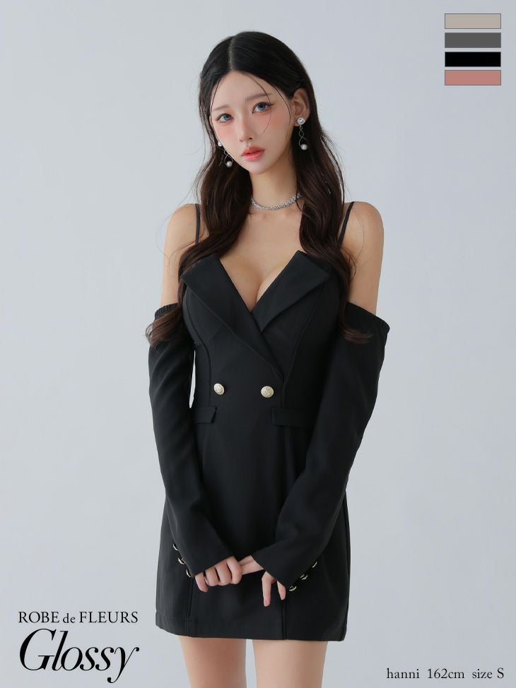 キャバドレス Glossy ROBE de FLEURS グロッシー ローブドフルール 長袖 セクシー ２way テーラード風 肩あき タイトミニドレス