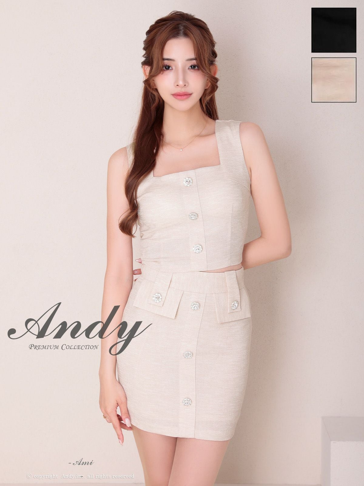 Andy/アンディ】セットアップ ノースリーブ ビジューボタン スクエアネック タイトミニドレス
