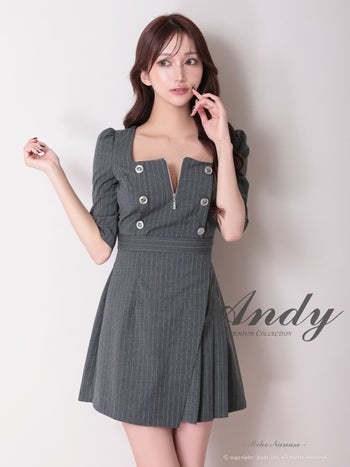 キャバドレス Andy アンディ ストライプ スクエアネック 飾りボタン ジップデザイン 袖あり フレアミニドレス