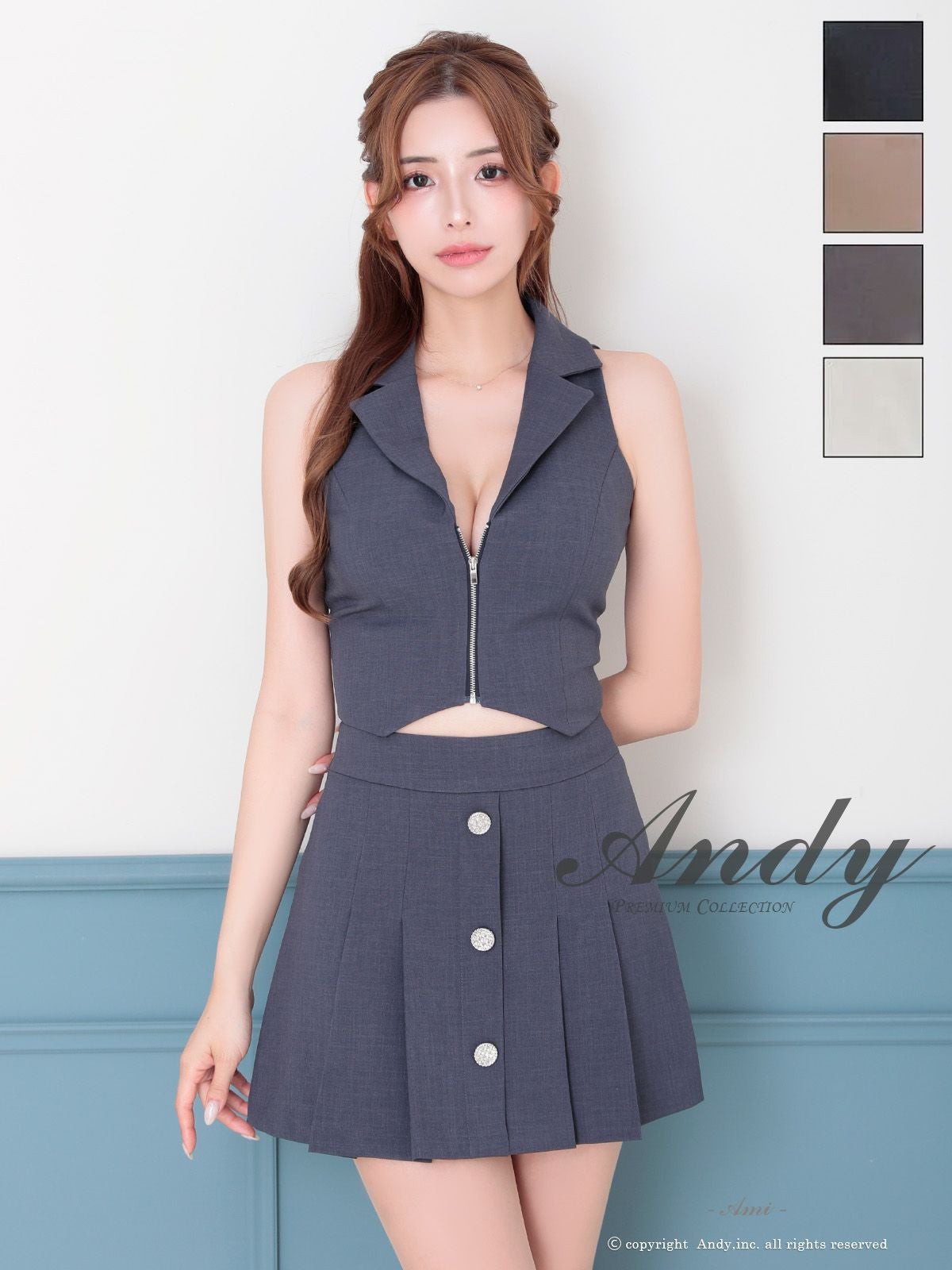 キャバドレス Andy アンディ 襟付き プリーツ 飾りボタン ジップデザイン セットアップ ノースリーブ フレアミニドレス