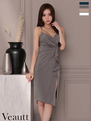 キャバドレス Veautt ヴュート チェーン オープンバスト タックデザイン フリル スリット セクシー キャミソール 膝丈ドレス
