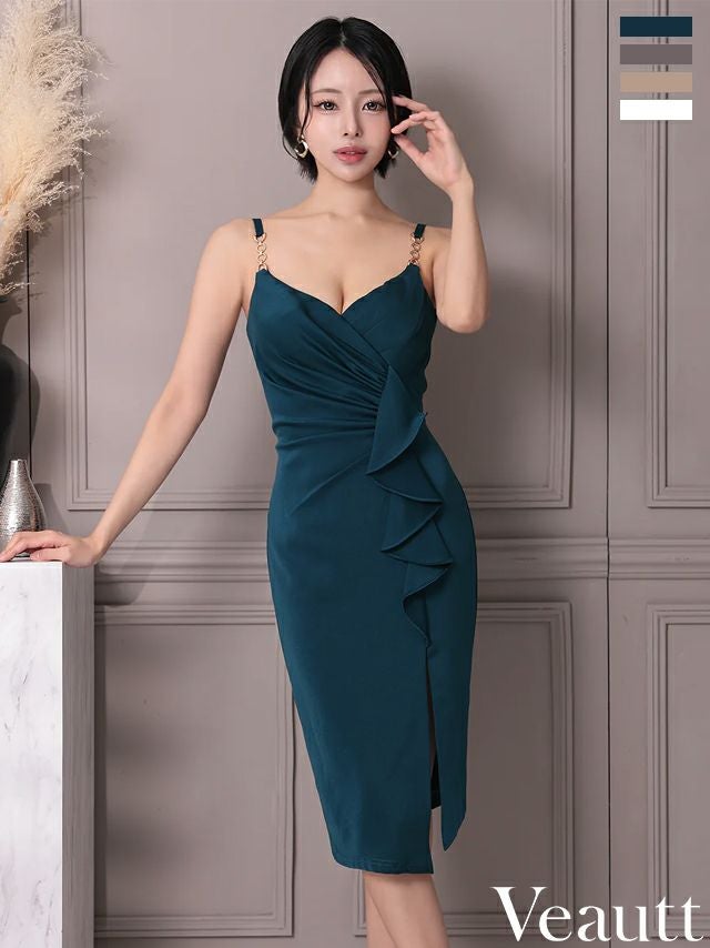 キャバドレス Veautt ヴュート オープンバスト タックデザイン フリル スリット セクシー キャミソール チェーン 膝丈ドレス