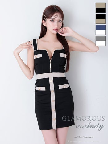 キャバドレス GLAMOROUS グラマラス ノースリーブ ジップデザイン バイカラー スクエアネック 飾りポケット 飾りボタン タイトミニドレス