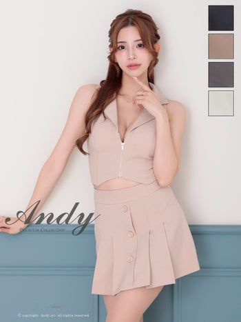 キャバドレス Andy アンディ プリーツ 襟付き 飾りボタン ジップデザイン セットアップ ノースリーブ フレアミニドレス
