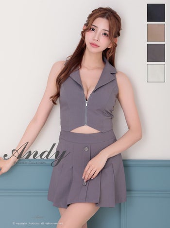 キャバドレス Andy アンディ 飾りボタン プリーツ 襟付き ジップデザイン セットアップ ノースリーブ フレアミニドレス