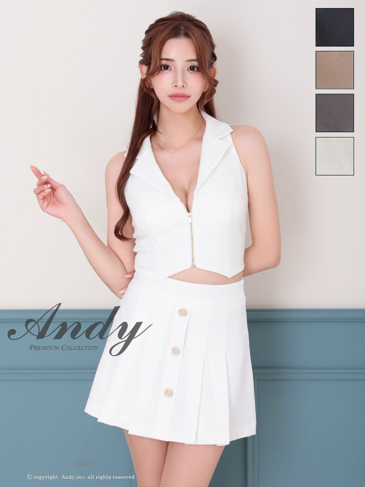 キャバドレス Andy アンディ ジップデザイン 飾りボタン プリーツ 襟付き セットアップ ノースリーブ フレアミニドレス