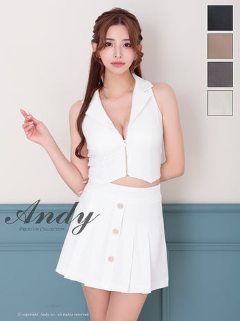 キャバドレス Andy アンディ ジップデザイン 飾りボタン プリーツ 襟付き セットアップ ノースリーブ フレアミニドレス