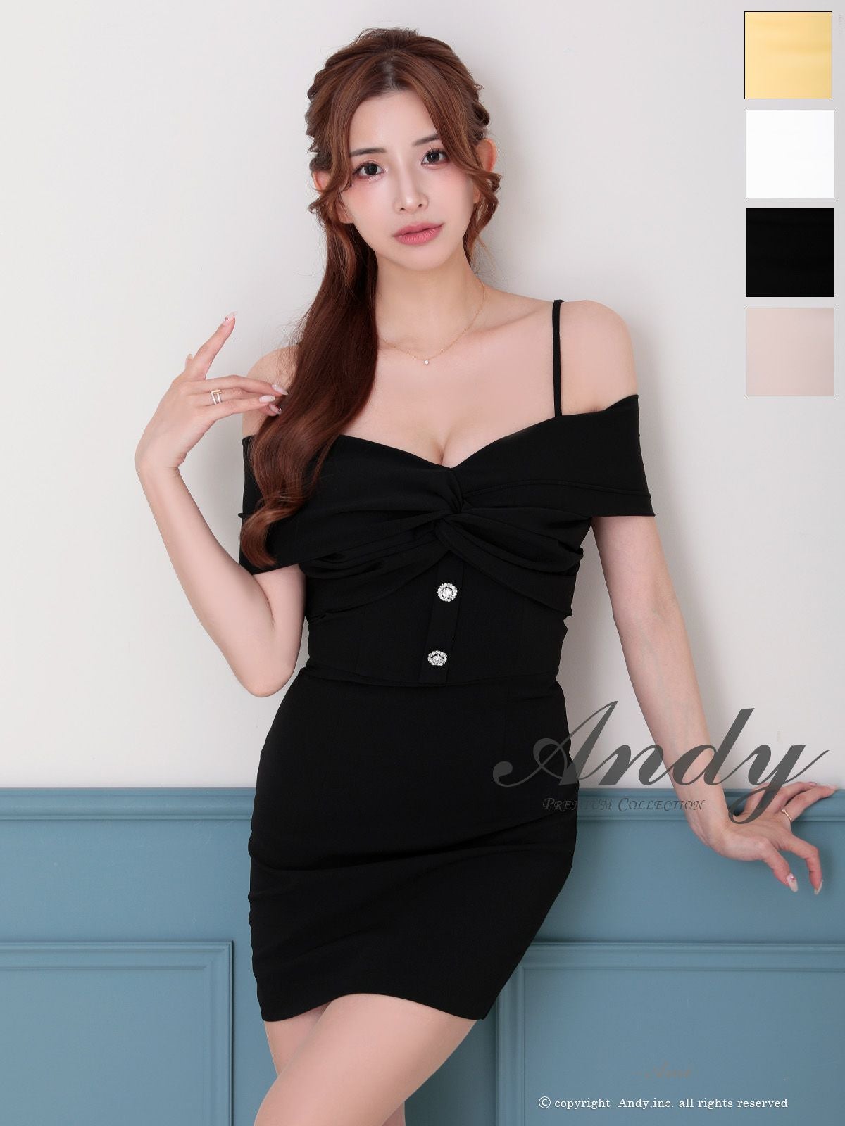 キャバドレス Andy アンディ ビジュー 飾りボタン クロスデザイン ワンカラー 肩あき オフショルダー タイトミニドレス