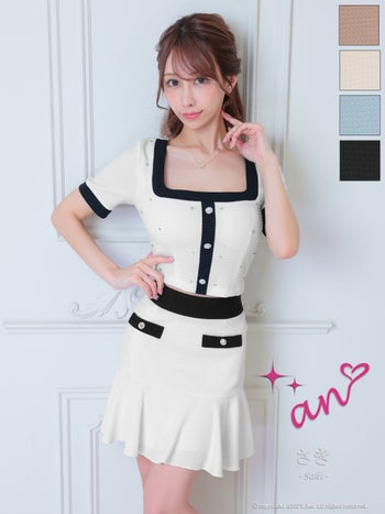 キャバドレス an セットアップ 半袖 ドット柄 ビジュー プリーツ バイカラー フレアミニドレス