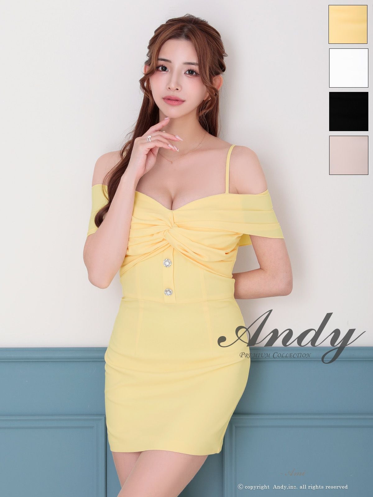 キャバドレス Andy アンディ 飾りボタン ビジュー クロスデザイン ワンカラー 肩あき オフショルダー タイトミニドレス