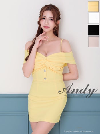 キャバドレス Andy アンディ 飾りボタン ビジュー クロスデザイン ワンカラー 肩あき オフショルダー タイトミニドレス