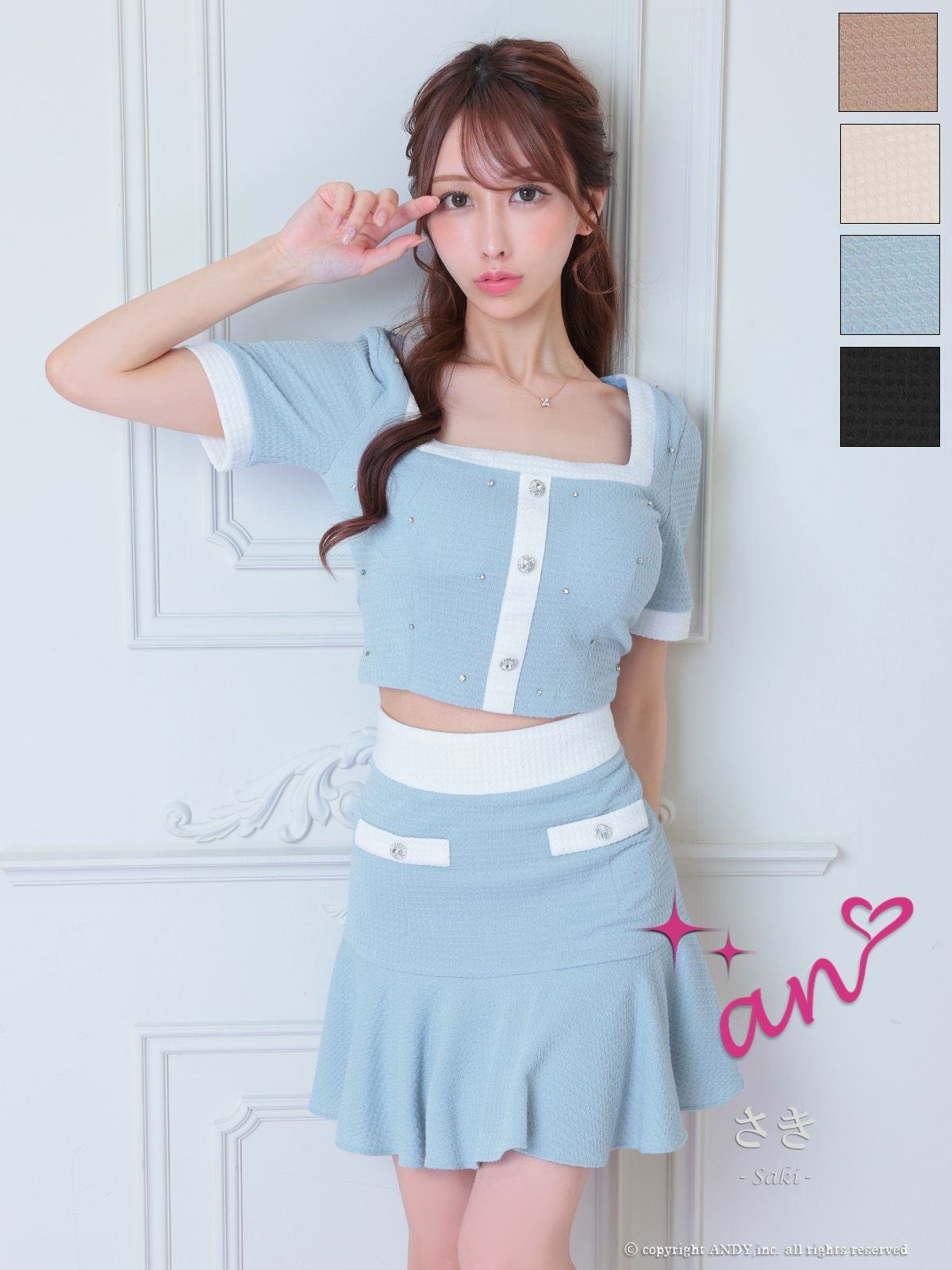 キャバドレス an セットアップ ドット柄 半袖 ビジュー プリーツ バイカラー フレアミニドレス