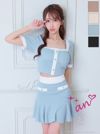 キャバドレス an セットアップ ドット柄 半袖 ビジュー プリーツ バイカラー フレアミニドレス