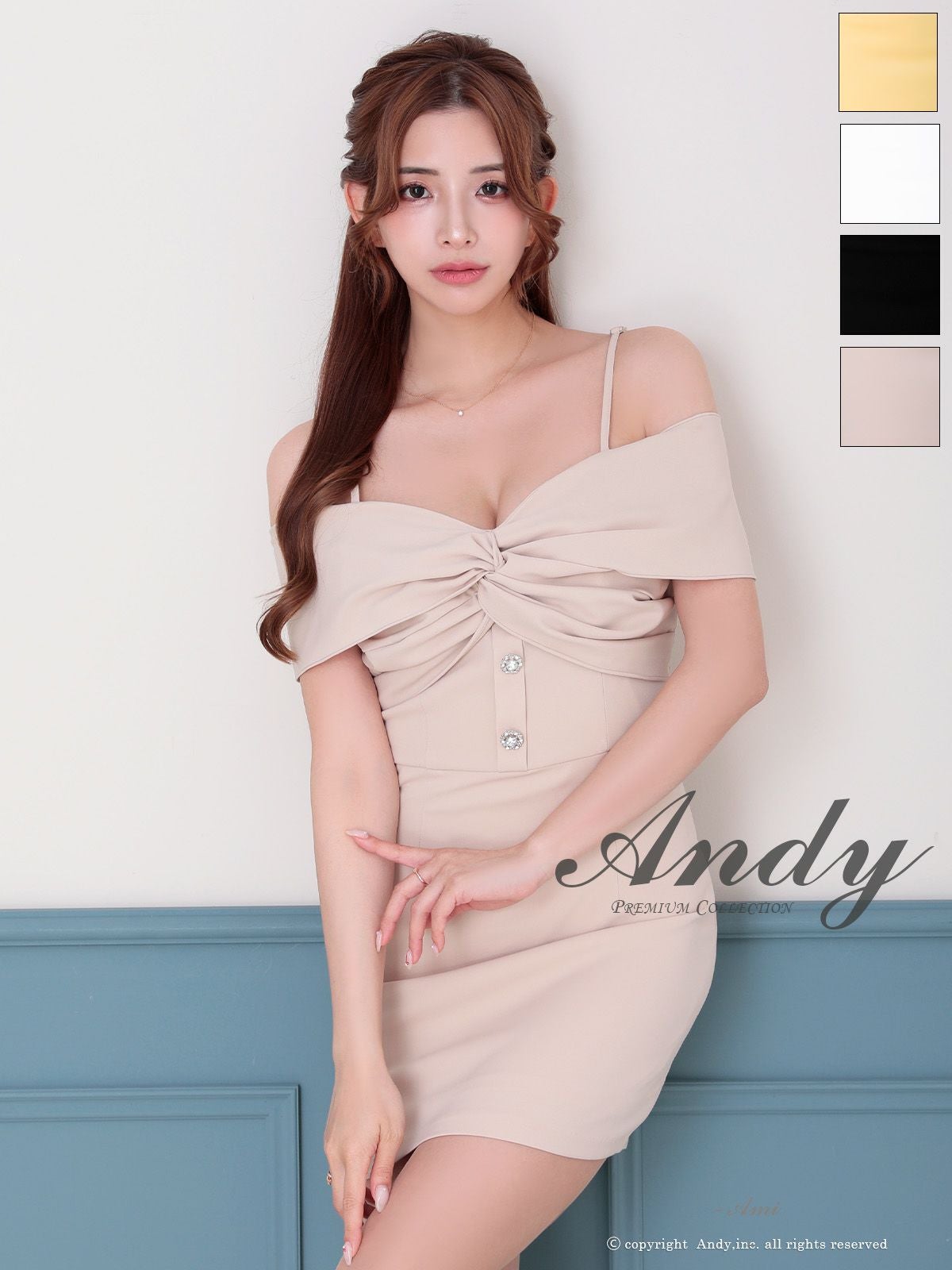 キャバドレス Andy アンディ クロスデザイン 飾りボタン ビジュー ワンカラー 肩あき オフショルダー タイトミニドレス