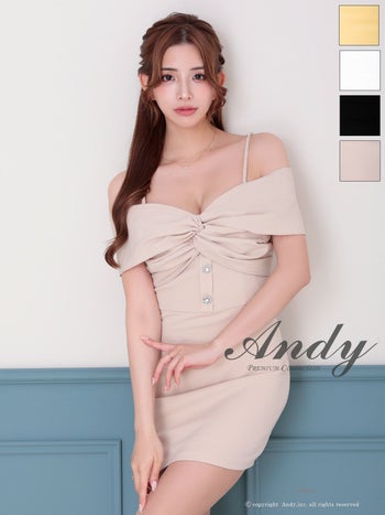キャバドレス Andy アンディ クロスデザイン 飾りボタン ビジュー ワンカラー 肩あき オフショルダー タイトミニドレス