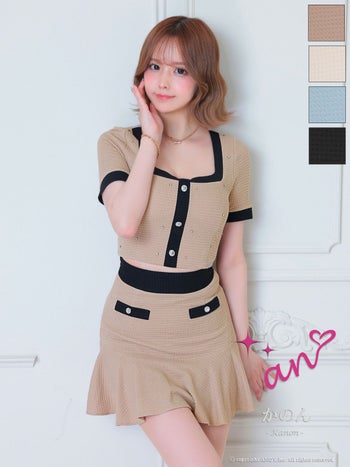 キャバドレス an セットアップ ドット柄 ビジュー 半袖 プリーツ バイカラー フレアミニドレス