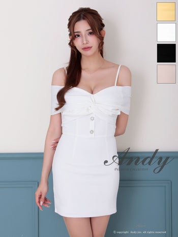 キャバドレス Andy アンディ ワンカラー クロスデザイン 飾りボタン ビジュー 肩あき オフショルダー タイトミニドレス