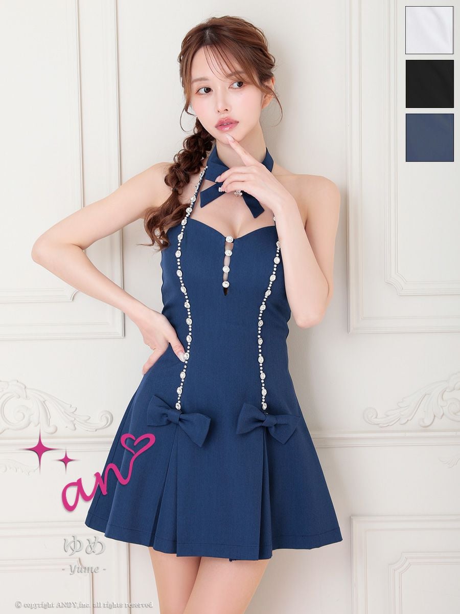 キャバドレス an ビジュー リボン ワンカラー バストカット チョーカー ホルターネック フレアミニドレス