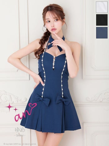 キャバドレス an ビジュー リボン ワンカラー バストカット チョーカー ホルターネック フレアミニドレス