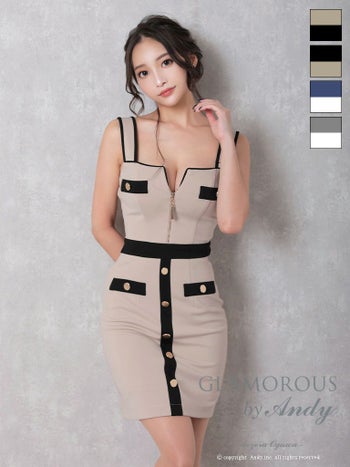 キャバドレス GLAMOROUS グラマラス ジップデザイン ノースリーブ バイカラー スクエアネック 飾りポケット 飾りボタン タイトミニドレス