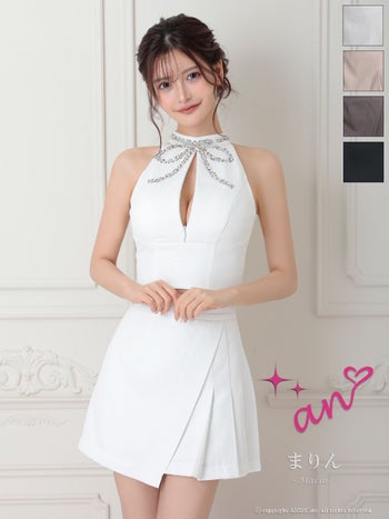 キャバドレス an アン スパンコール ノースリーブ リボン ビジュー ワンカラー ハーフプリーツ ジップデザイン セットアップ フレアミニドレス