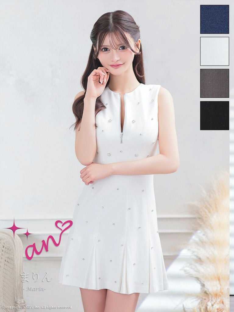 キャバドレス an アン ビジュー バックリボン ノースリーブ プリーツ ジップデザイン フレアミニドレス