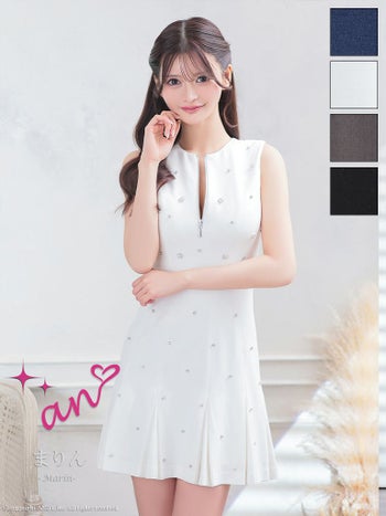 キャバドレス an アン ビジュー バックリボン ノースリーブ プリーツ ジップデザイン フレアミニドレス