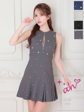 キャバドレス an アン ジップデザイン ビジュー バックリボン ノースリーブ プリーツ フレアミニドレス