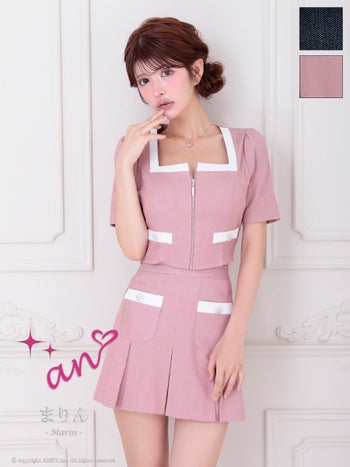 キャバドレス an アン 半袖 ジップデザイン セットアップ 飾りポケット ビジューボタン バイカラー スクエアネック フレアミニドレス