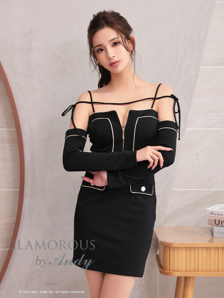 キャバドレス GLAMOROUS 長袖 リボン 肩あき ポケット バイカラー ジップデザイン タイトミニドレス