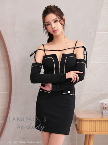 キャバドレス GLAMOROUS 長袖 リボン 肩あき ポケット バイカラー ジップデザイン タイトミニドレス