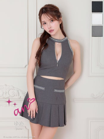 キャバドレス an アン ジップデザイン ノースリーブ セットアップ ビジュー カットデザイン フレアミニドレス