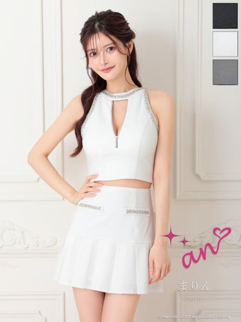 キャバドレス an アン セットアップ ジップデザイン ノースリーブ ビジュー カットデザイン フレアミニドレス