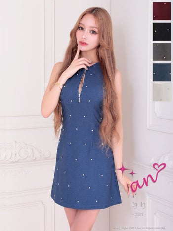 キャバドレス an ノースリーブ ジップデザイン ビジュー ドット柄 バックカット フレアミニドレス