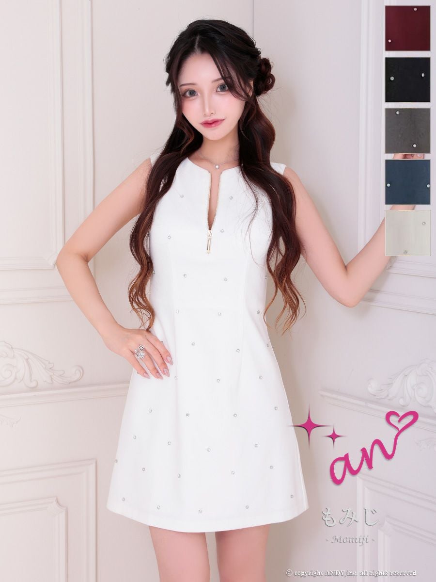 キャバドレス an ジップデザイン ノースリーブ ビジュー ドット柄 バックカット フレアミニドレス