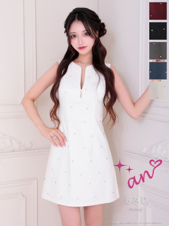 キャバドレス an ジップデザイン ノースリーブ ビジュー ドット柄 バックカット フレアミニドレス