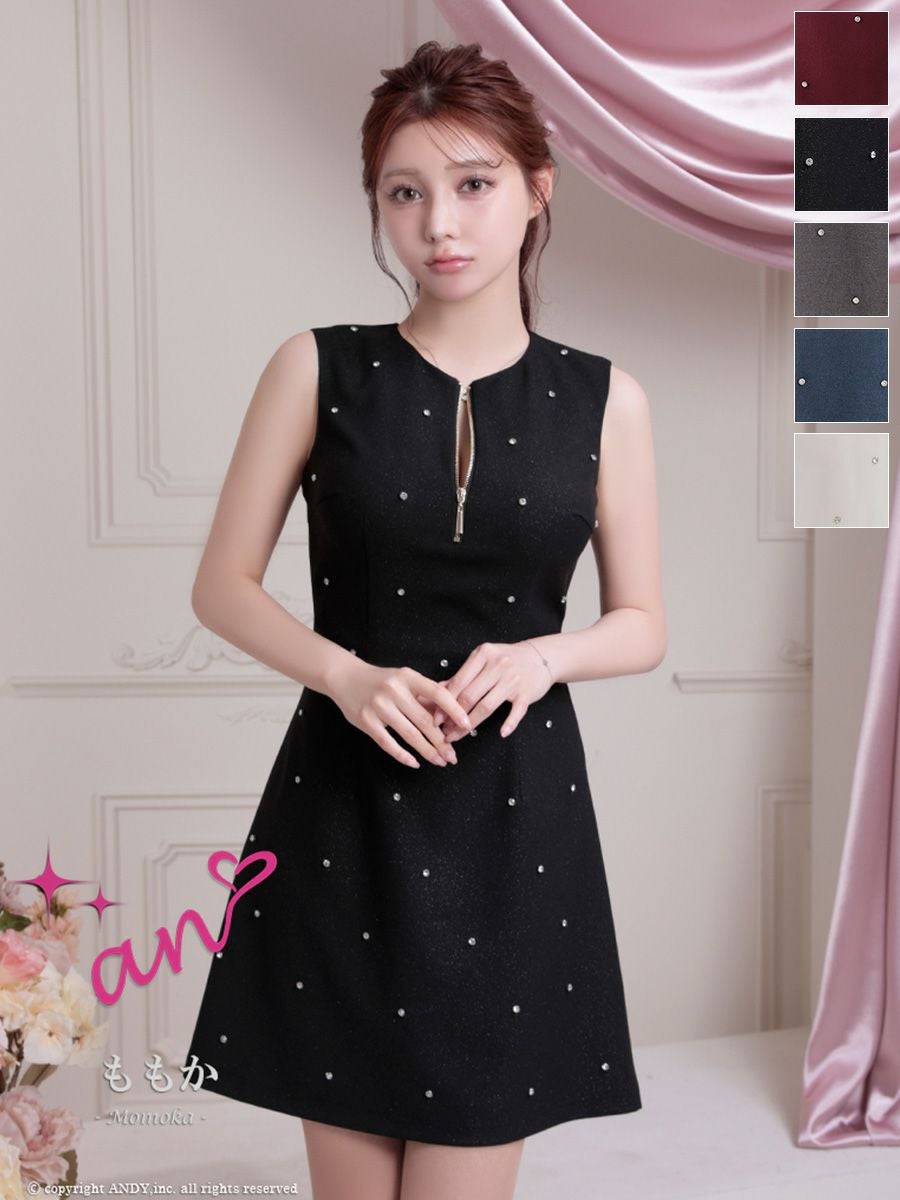 キャバドレス an ジップデザイン ノースリーブ バックカット ビジュー ドット柄 フレアミニドレス