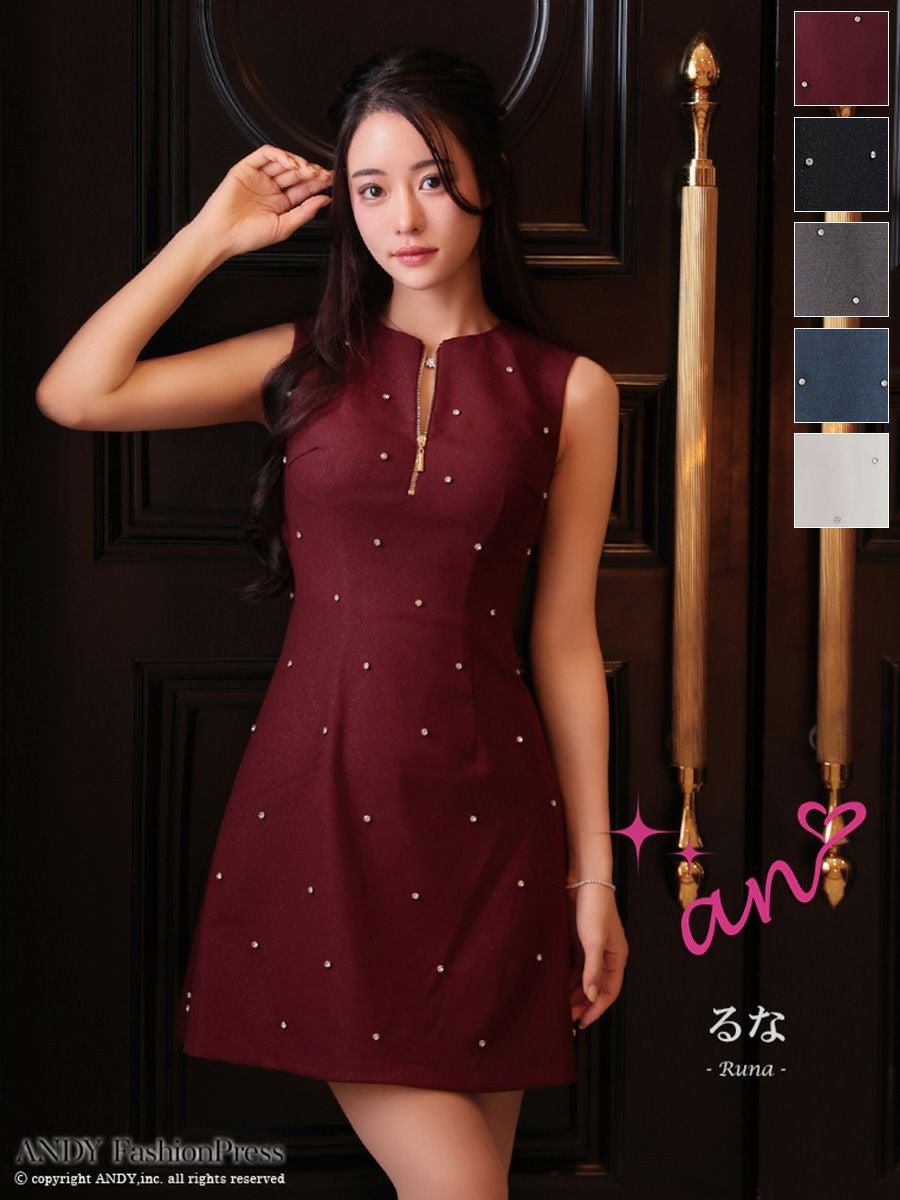 キャバドレス an ジップデザイン バックカット ノースリーブ ビジュー ドット柄 フレアミニドレス