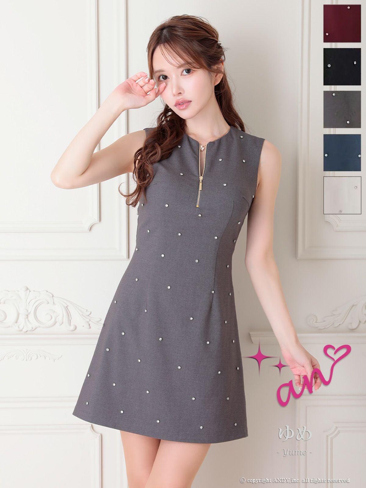 キャバドレス an バックカット ジップデザイン ノースリーブ ビジュー ドット柄 フレアミニドレス