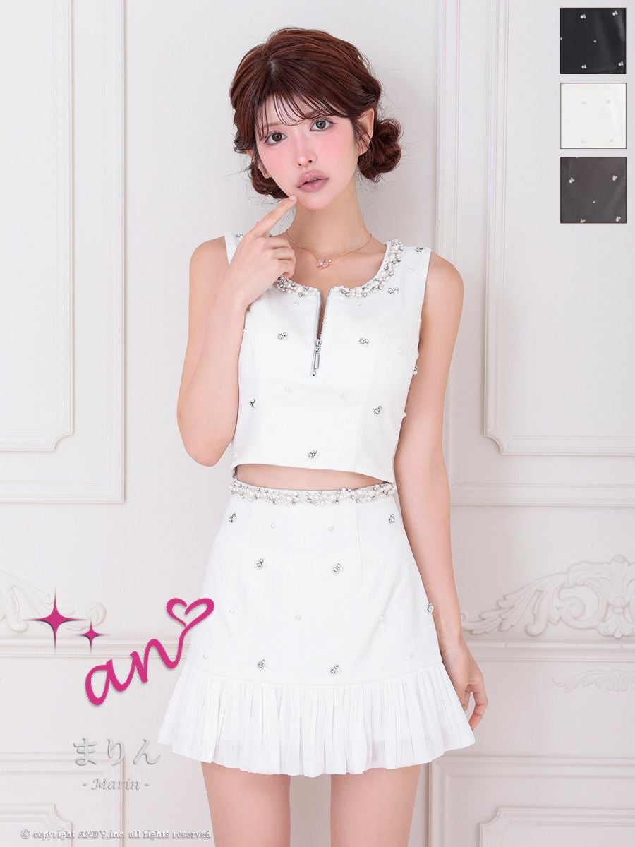 キャバドレス an アン フリル ビジュー セットアップ ノースリーブ バストジップ タイトミニドレス