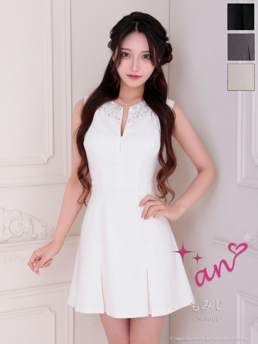 キャバドレス an アン ビジュー ノースリーブ プリーツ ワンカラー ウエストマーク フレアミニドレス