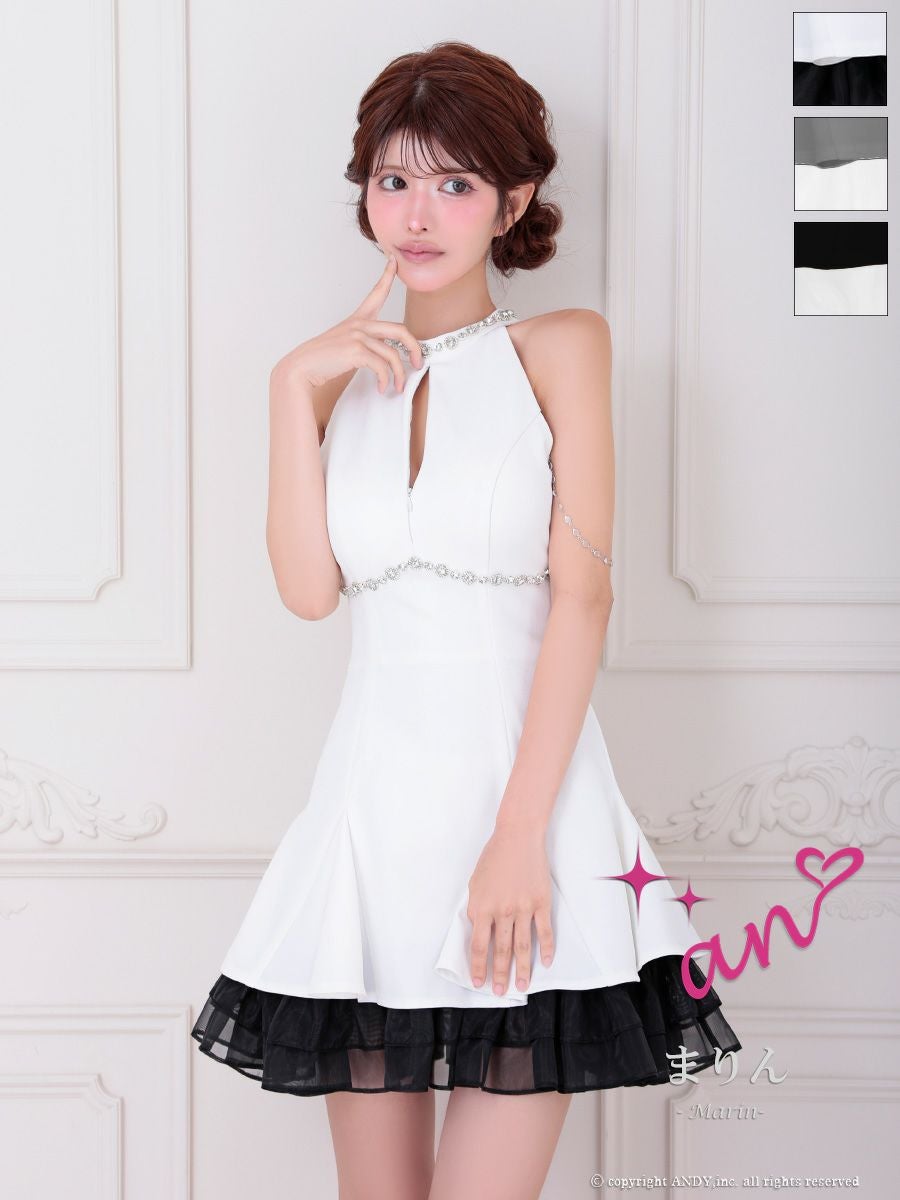 キャバドレス an アン ホルターネック ジップデザイン ビジュー チェーン バイカラー フリル レース フレアミニドレス