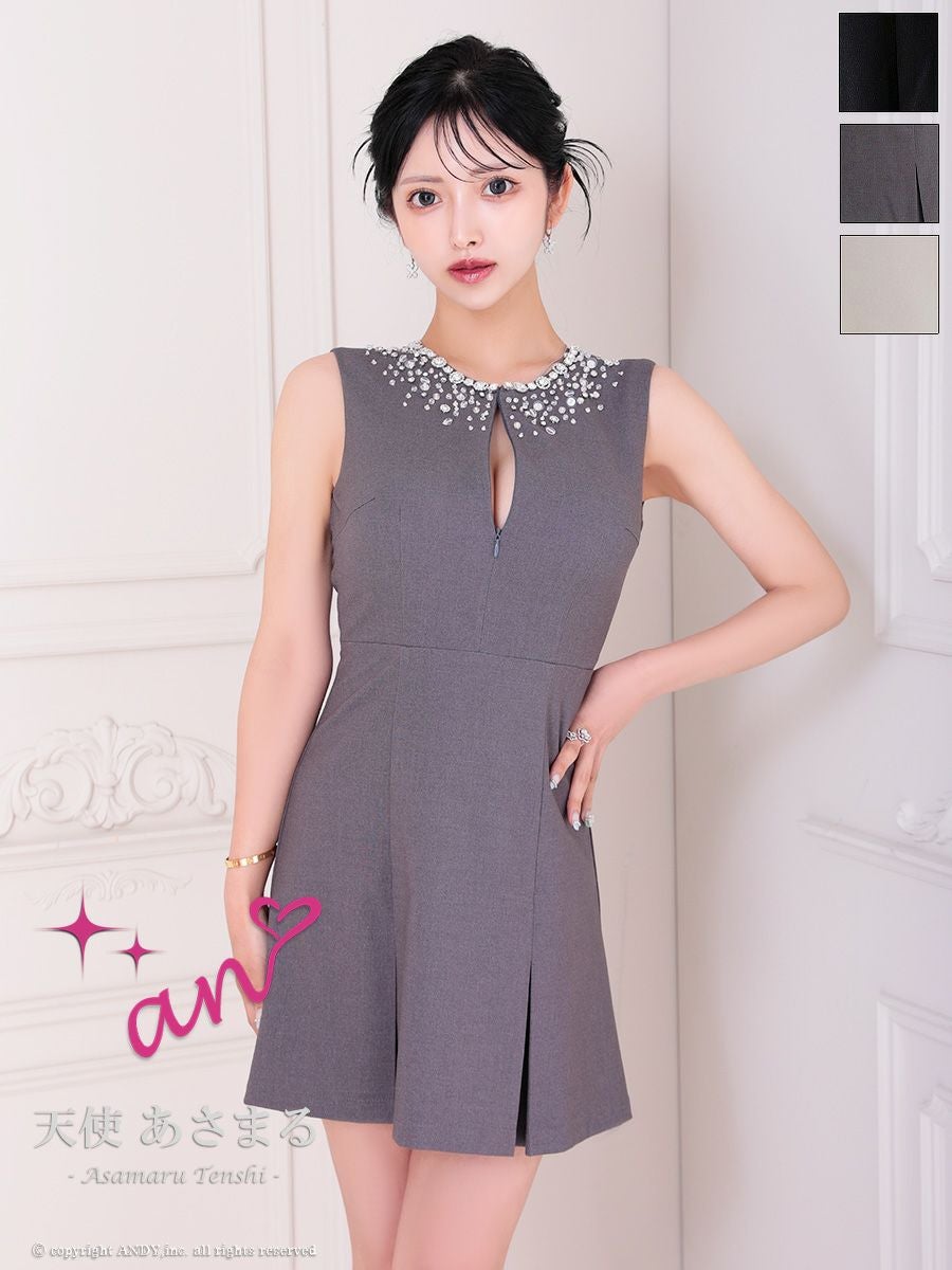 キャバドレス an アン ウエストマーク ビジュー ノースリーブ プリーツ ワンカラー フレアミニドレス